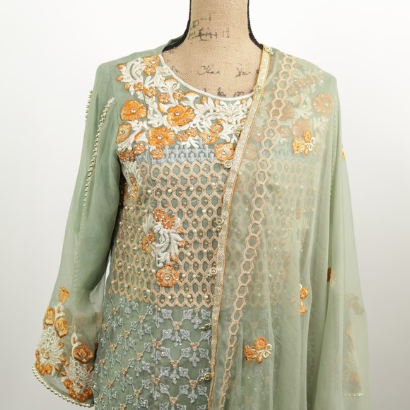 Elegant Embroidered Green Dress - Picture 2 of 11